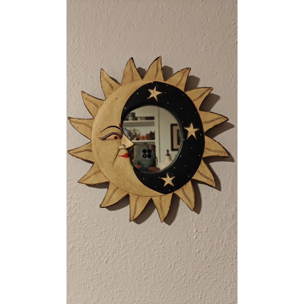 Vintage Celestial Sun Moon Stars Mirror  Wooden Hand Painted Whimsy 12"